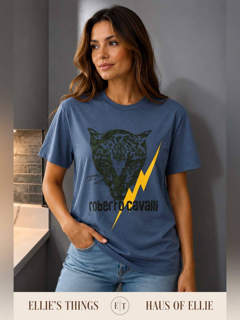Roberto Cavalli Panther Graphic Tee Blue Men’s Small NWT